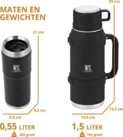 MacGyver RVS Thermoskan 1.5 Ltr – RVS Thermosbeker 0,55 Ltr - Langdurig Warm/koud - Zwart -Home Keuken Winkel 1079x1200 1