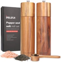 Deleca Luxe Peper En Zoutmolen Set - Zout / Pepermolen - Handmatig - Met Navul Lepel & Geschenkdoos - Acacia Hout - Rond