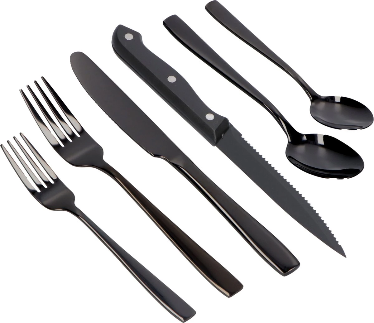 Deleca 6 Persoons Bestekset (36-delig) - Lepels, Messen, Vorken & Steakmessen - Vaatwasserbestendig - Zwart / RVS 10 Deleca 6 Persoons Bestekset (36-delig) - Lepels, Messen, Vorken & Steakmessen - Vaatwasserbestendig - Zwart / RVS - Afbeelding 8