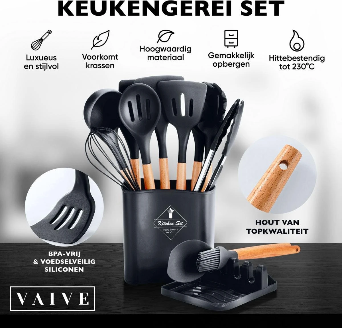 VAIVE Kookgerei Set 13-delig Met Houder - Keukengerei Set - Garde - Spatel Silicone 8 VAIVE Kookgerei Set 13-delig Met Houder - Keukengerei Set - Garde - Spatel Silicone - Afbeelding 6