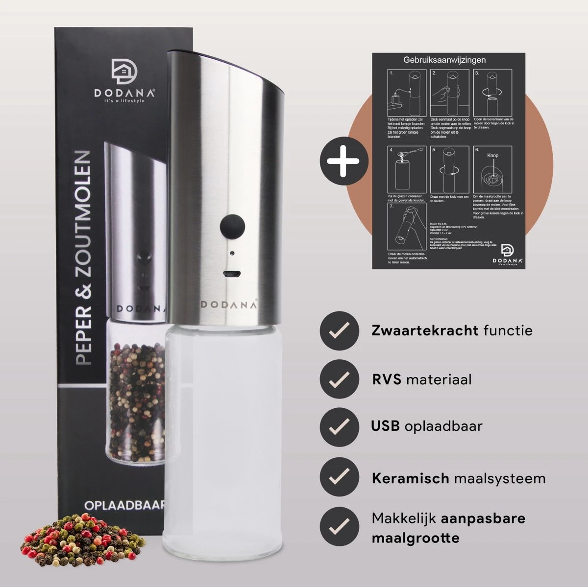 DODANA Premium Peper - & Zoutmolen Elektrisch - 1 Stuk - Pepermolen - Zoutmolen - Oplaadbaar - USB - Elektrische Pepermolen - RVS - Zwaartekracht Functie - LED Lamp - Nl Handleiding - Incl Borsteltje 5 DODANA Premium Peper - & Zoutmolen Elektrisch - 1 Stuk - Pepermolen - Zoutmolen - Oplaadbaar - USB - Elektrische Pepermolen - RVS - Zwaartekracht Functie - LED Lamp - Nl Handleiding - Incl Borsteltje - Afbeelding 3