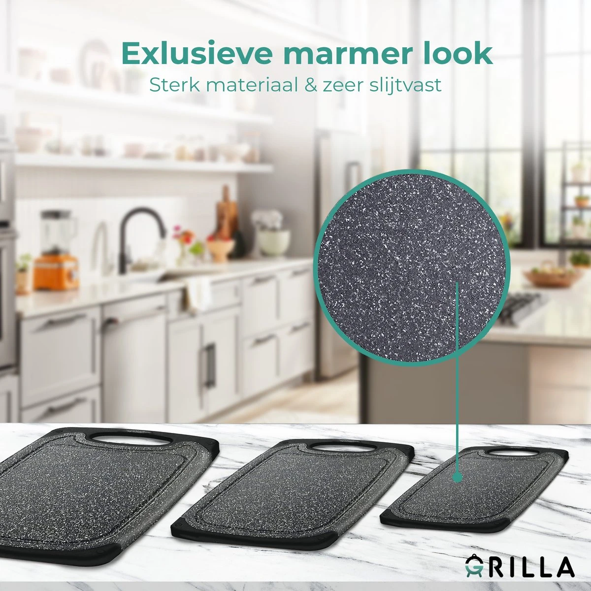 Grilla Snijplankenset - 3 Stuks - Marmer Look - Snijplank Set Kunststof 4 Grilla Snijplankenset - 3 Stuks - Marmer Look - Snijplank Set Kunststof - Afbeelding 2