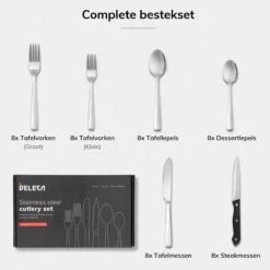 Deleca 8 Persoons Bestekset (48-delig) - Lepels, Messen, Vorken & Steakmessen - Vaatwasserbestendig - Zilver / RVS -Home Keuken Winkel 1200x1200 943