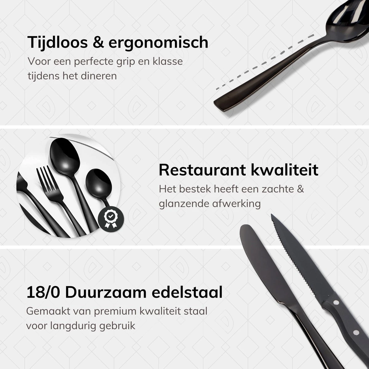 Deleca 6 Persoons Bestekset (36-delig) - Lepels, Messen, Vorken & Steakmessen - Vaatwasserbestendig - Zwart / RVS 8 Deleca 6 Persoons Bestekset (36-delig) - Lepels, Messen, Vorken & Steakmessen - Vaatwasserbestendig - Zwart / RVS - Afbeelding 6