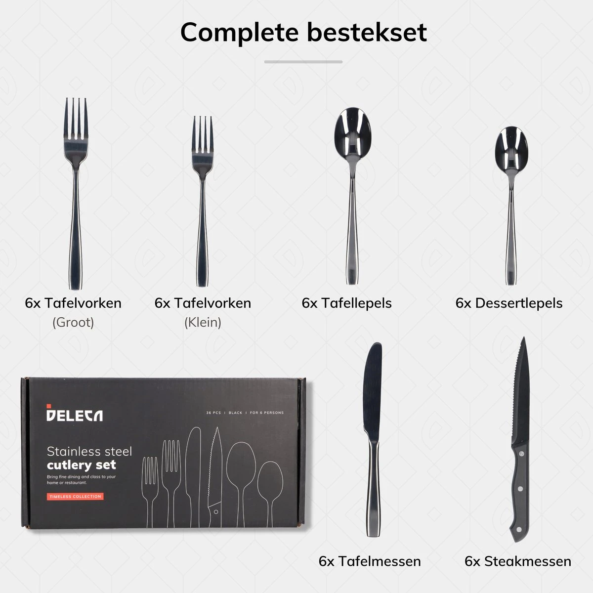 Deleca 6 Persoons Bestekset (36-delig) - Lepels, Messen, Vorken & Steakmessen - Vaatwasserbestendig - Zwart / RVS 11 Deleca 6 Persoons Bestekset (36-delig) - Lepels, Messen, Vorken & Steakmessen - Vaatwasserbestendig - Zwart / RVS - Afbeelding 9