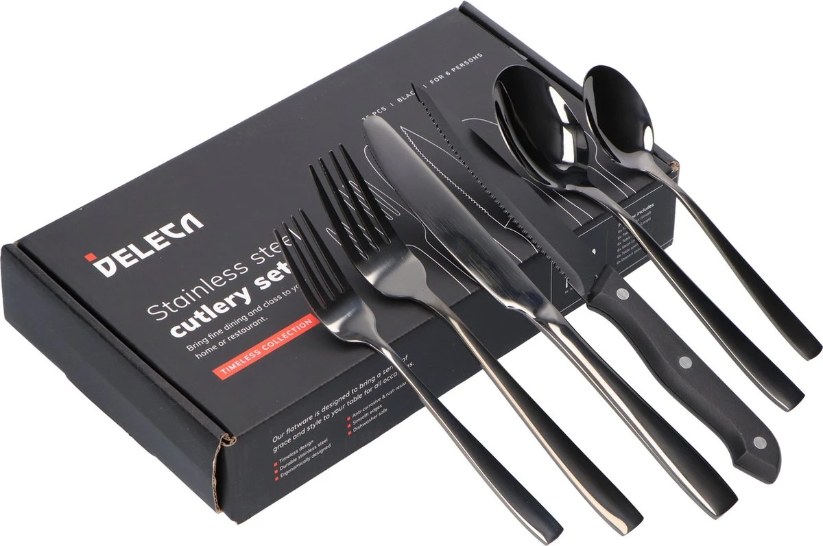 Deleca 6 Persoons Bestekset (36-delig) - Lepels, Messen, Vorken & Steakmessen - Vaatwasserbestendig - Zwart / RVS 12 Deleca 6 Persoons Bestekset (36-delig) - Lepels, Messen, Vorken & Steakmessen - Vaatwasserbestendig - Zwart / RVS - Afbeelding 10