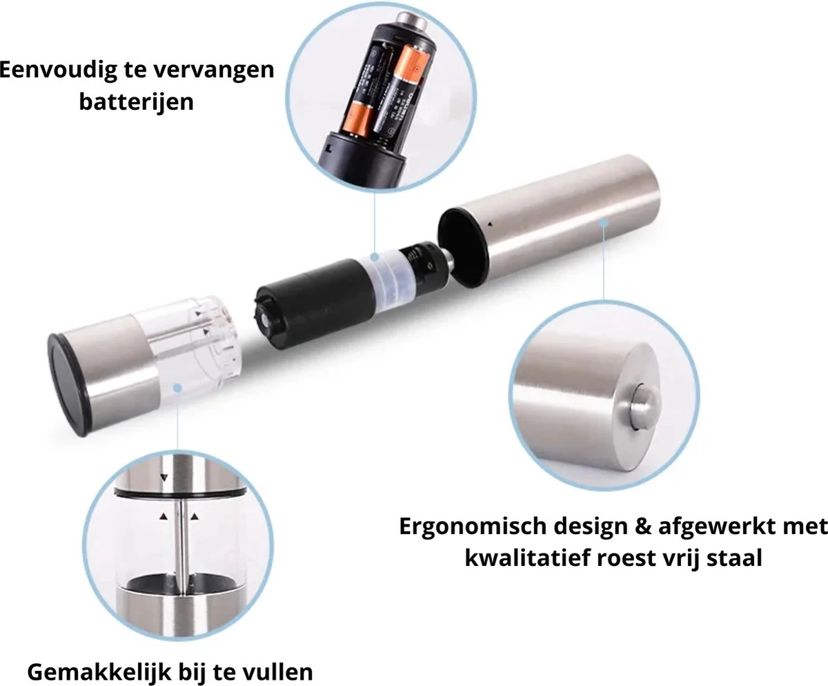 MD-Goods ® Elektrische Peper En Zoutmolen Set - Pepermolen - RVS - Cadeau - Restaurant Kwaliteit 4 MD-Goods ® Elektrische Peper En Zoutmolen Set - Pepermolen - RVS - Cadeau - Restaurant Kwaliteit - Afbeelding 2