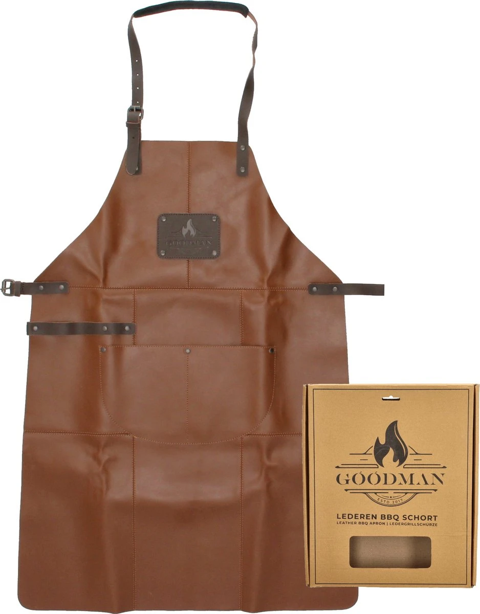Goodman - BBQ Schort - Echt Leer - Leren Schort Man - Cognac Bruin 3 Goodman - BBQ Schort - Echt Leer - Leren Schort Man - Cognac Bruin